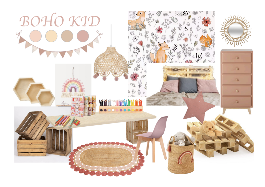 Planche d'inspirations chambre d'enfant thème "bohème"
